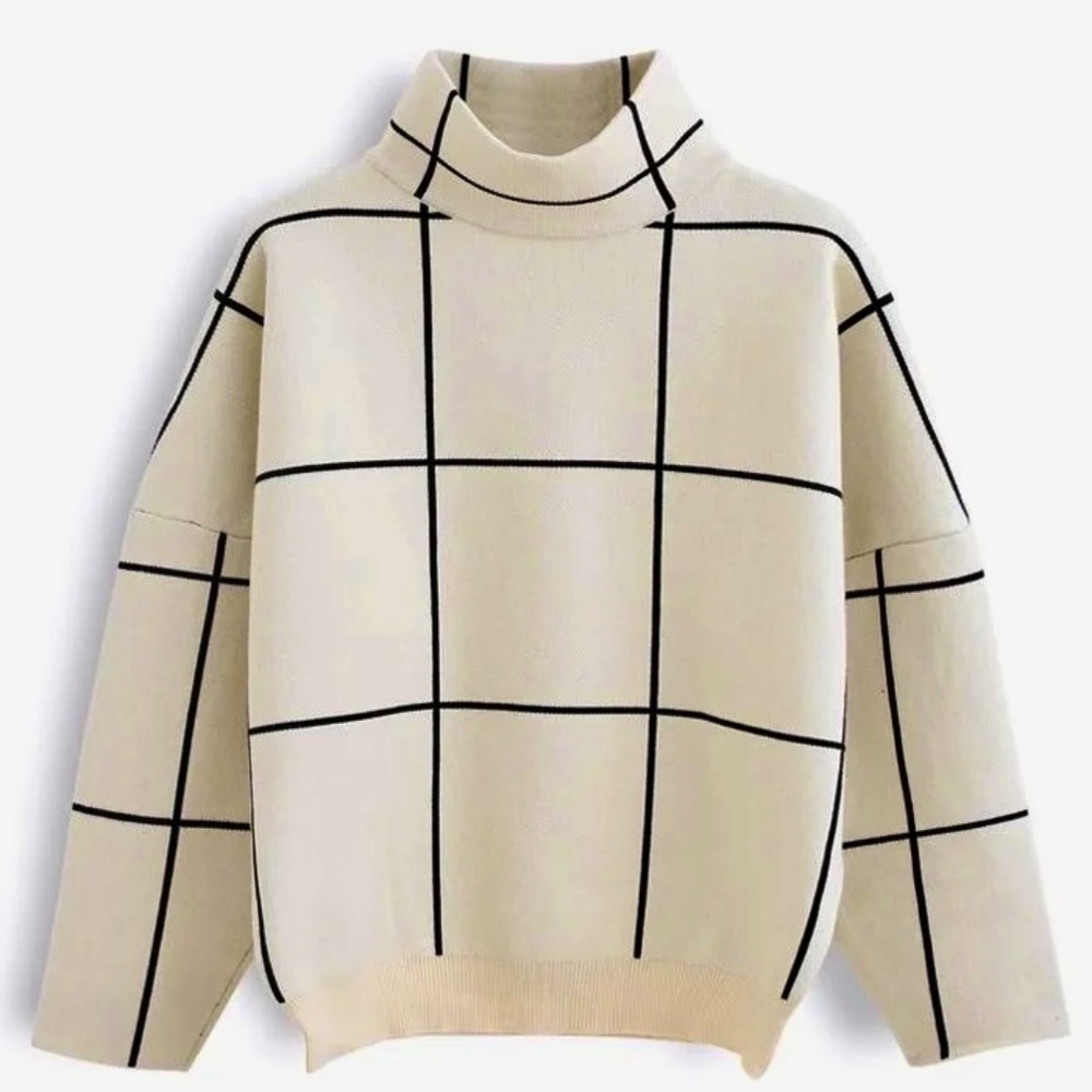 Wool-blend Grid Turtleneck Batwing Sweater, Women's Size S-M